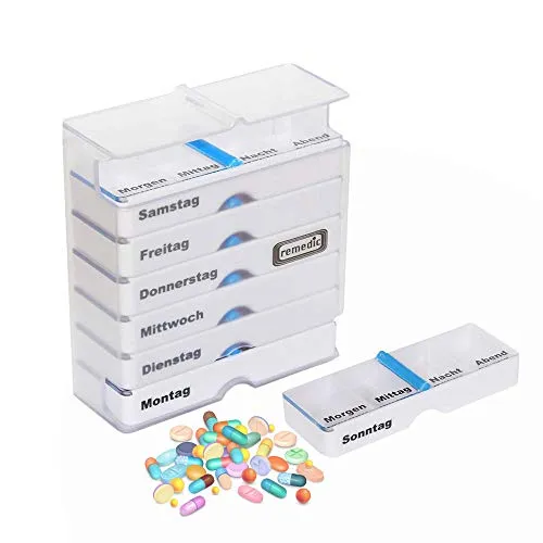 SHD – Wochendispenser für 7 Tage zur einfacheren Medikamenteneinnahme – Tablettenbox mit abnehmbaren Tagesdispensern für Ordnung nach Wochentagen und Tageszeiten (morgens, mittags, abends)