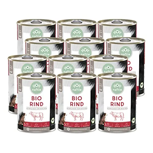 naftie Bio Hundefutter 100% Bio-Rind - Reinfleischdosen Rindfleisch pur - Nassfutter zum Mischen - glutenfrei getreidefrei - Sparpaket 12x 400g