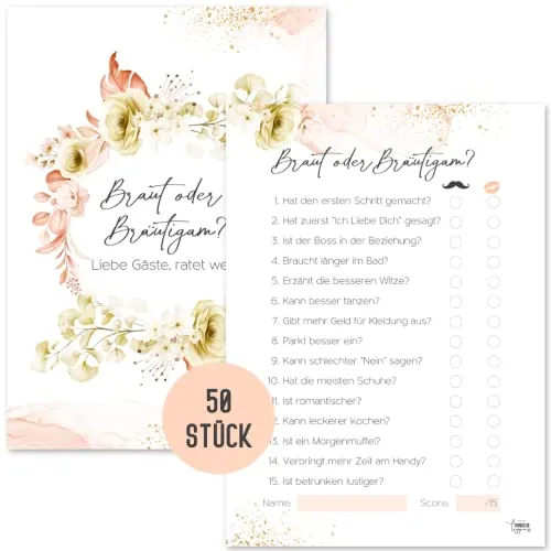 Things of Happiness Hochzeitsspiel Braut oder Bräutigam 50 Karten | Hochzeitsquiz & Hochzeitsspiele für Gäste | Hochzeitsspiel Brautpaar im Boho Design (Koralle Rosen)