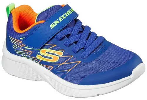 Skechers Jungen Microspec Sneaker - Blau/Orange, 9.5 UK Child - Sneaker für Jungen mit slip-on Design, Stretch-Schnürung und Klettverschluss für einfachen Einstieg. Flexible Gummisohle bietet optimalen Halt und Traktion.