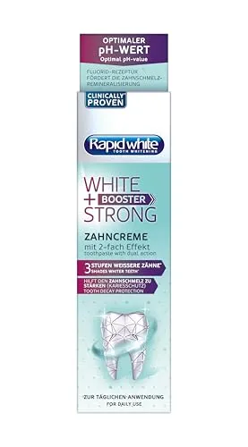 Rapid White WHITE + STRONG BOOSTER Zahncreme - Zahnpasta für sofort weißere Zähne, mit 2-fach Effekt für bis zu 3 Stufen hellere Zähne und optimalem pH-Wert für effektiven Kariesschutz.