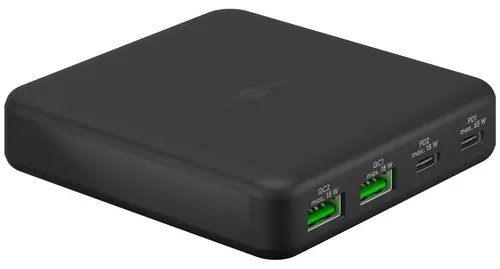 GOOBAY 61772 - 4-Port USB (PD)-Ladegerät, 65 W - Ladegeräte für USB-Geräte mit 2x USB-C (PD) und 2x USB-A (Quick Charge), ideal für schnelles Laden von bis zu 4 Geräten gleichzeitig. Perfekt für Zuhause und Büro!