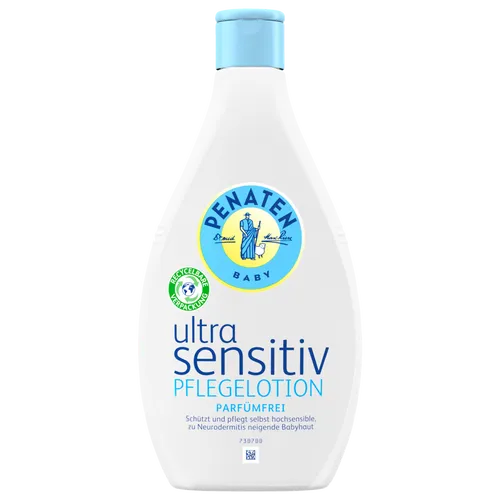 Penaten Ultra Sensitiv Pflegelotion 400ml - Cremes für Babys – Parfümfreie Baby Bodylotion, speziell für zu Neurodermitis neigende Haut entwickelt, schützt und erhöht den Feuchtigkeitsgehalt der empfindlichen Babyhaut.