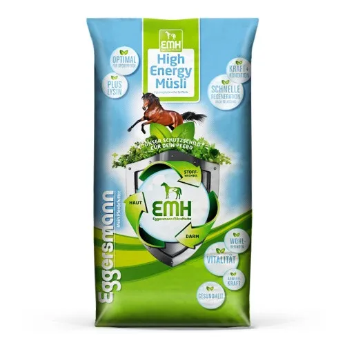 EMH High Energy Müsli 20 kg - Hochwertiges Pferdefutter für Hochleistungspferde, bietet schnelle Energie und essentielle Aminosäuren für optimale Muskulatur und Regeneration.
