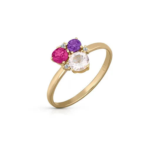 Orolino Ring Gold 585 mit Rosaquartz Amethyst Rhodolith Brillant - Eleganter Damen-Ring aus 585 Gelbgold, verziert mit edlen Edelsteinen und Brillanten – ein zeitloses Schmuckstück für besondere Anlässe.