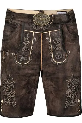 Edelnice Trachtenmode Kurze Trachtenlederhose Matze aus Büffelleder - Trachtenlederhose für Herren aus hochwertigem Büffelleder in Dunkelbraun, ideal für Oktoberfest und rustikale Anlässe. Mit edler Stickerei und traditionellem Messertascherl.