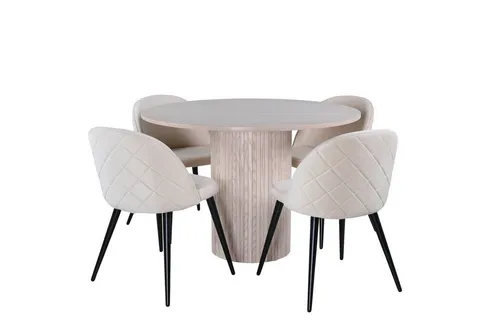 ebuy24 Essgruppe BiancaROWW - 5-teiliges Set mit Eichenfurnier und Velvet-Stühlen - Essgruppen-Set mit stilvollem Esstisch aus Eichenfurnier und 4 eleganten Velvet-Stühlen in Beige. Perfekte Kombination aus Ästhetik und Funktionalität für Ihr Zuhause.