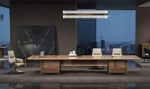 Eleganter großer Konferenztisch in Braun – ideal für Ihr Büro - Robuster Konferenztisch in Braun/Beige mit praktischem Kabelauslass. Maße: 480 x 160 x 75 cm – perfekt für produktive Meetings.