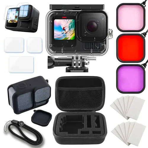 MOJOGEAR Zubehörset kompatibel mit GoPro 13 – Wasserdichtes Go Pro Gehäuse – Tauchfilter – Aufbewahrungsetui – Silikonschutzhülle – Antibeschlageinsätze – Displayschutzfolienset – Schwarz