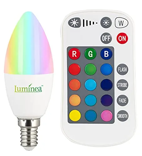 Luminea LED Leuctmittel E 14: LED-Kerze E14, RGBW, 4,8 W (ersetzt 40 W), 470 Lumen, dimmbar (E14 RGB, RGB, Stimmungslicht)