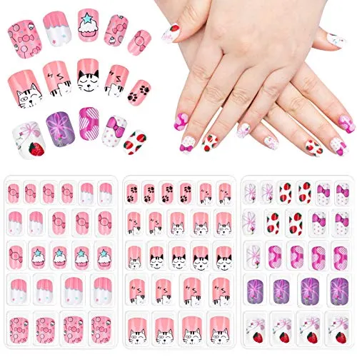 Stück Nägel Zum Aufkleben für Kinder, Selbstklebende Künstliche Fingernägel Set Falsche Kunstnägel für Mädchen Kleinen Händen Damen 72