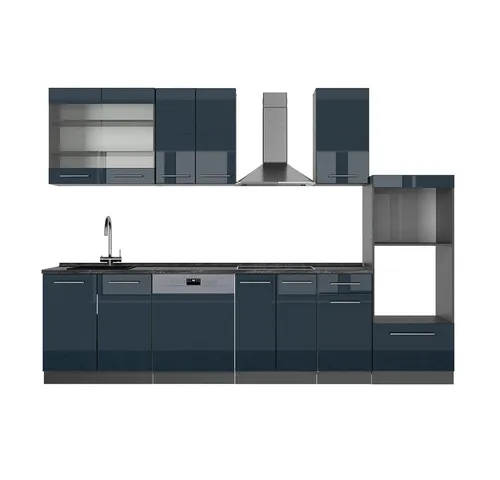 Vicco Küchenzeile Fame-Line, Dunkelblau Hochglanz/Anthrazit, 300 cm - Küchenzeilen mit hochwertigem MDF und Soft-Close-Scharnieren für leises Schließen. Flexibel umstellbar und erweiterbar, ideal für optimale Raumnutzung und elegante Küchengestaltung.