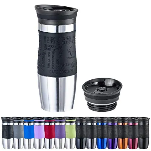 WELLGRO Thermobecher 400 ml + 1 Extradeckel - Edelstahl rostfrei - Silikon Soft-Touch Griffstück - BPA-frei - Isolierbecher doppelwandig - Travel Mug - Kaffeebecher to go, Farbe:Schwarz