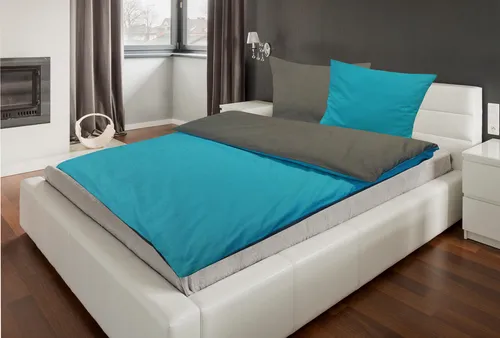 Bettwäsche Baumwolle Renforcé uni Wende 135x200 + 80x80 cm 100% Reißverschluss 2 teilig Anthrazit / Türkis