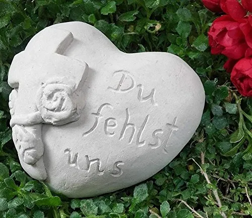 Grabherz mit Spruch - Du fehlst uns - Grabschmuck Dekoherz Steinguss Herz m. Kreuz