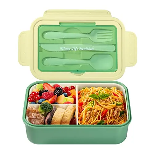 Diboniur Lunchbox Brotdose mit Besteck Erwachsene Kinder 1400 ml Bento Box für Mikrowelle, Spülmaschine, Schule, Picknick, Arbeit (Grün)