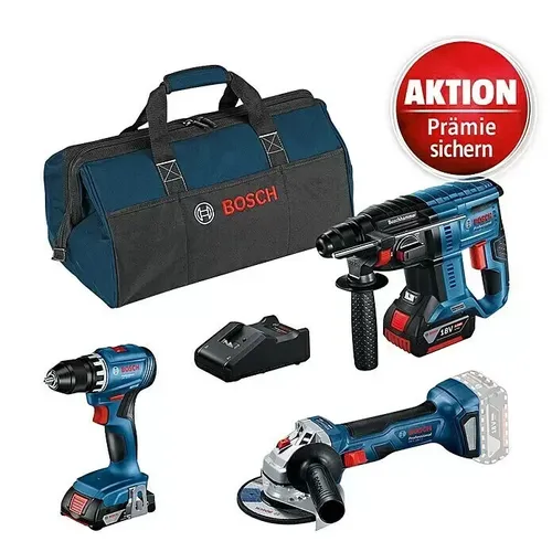 Bosch 18 Volt Akku Set GSR 18 V-45, GBH 18 V-21, GWS 18 V-7 - Akkuschrauber Set mit 2 leistungsstarken Lithium-Ionen Akkus (2Ah + 4Ah) für maximale Flexibilität und Effizienz bei Bohr- und Schneidarbeiten.