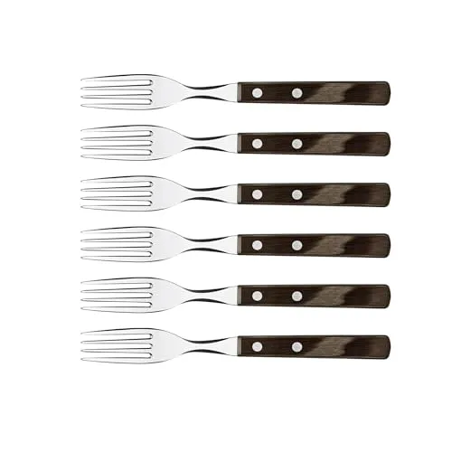 Tramontina Steakgabel, Pizzagabel, 6-teiliges Set, Rostfreier Edelstahl, Holzgriff Braun, FSC-zertifiziert, Spülmaschinenfest