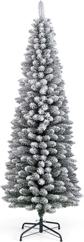 COSTWAY künstlicher Weihnachtsbaum mit Schnee Bleistift 180cm, Tannenbaum mit 460 Zweigspitzen & klappbarem Metallständer, schlank Grün