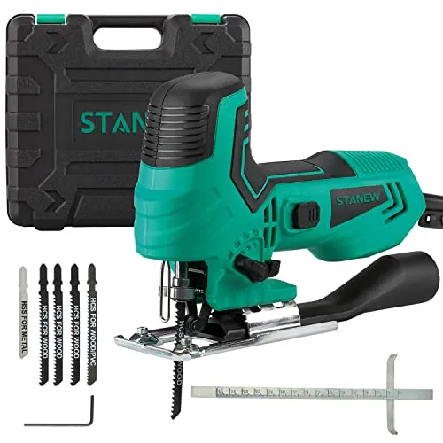 STANEW Stichsäge 650 Watt，5 x Stichsägeblatt, 3000 U/min, Elektro-Stichsäge, Neigungswinkel ±45°, 6 einstellbare Geschwindigkeiten, Werkzeugloser Klingenwechsel, Geeignet Für Holz, Metall, PVC