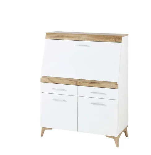 möbelando Sekretär Secret I - Vielseitiger Schreibtisch in Weiß Matt mit Eiche Altholz-Optik - Schreibtisch mit viel Stauraum und wandelbarem Design: verwandelt sich schnell von Kommode zu PC-Schreibtisch. Ideal für kleine Räume, einfache Montage inklusive Anleitung.