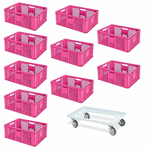 BRB 10 Eurobehälter mit Transportroller, 600x400x240 mm, Industriequalität - Rollwagen-Set mit 10 Euro-Boxen und Transport-Roller. Lebensmittelecht, robust und ideal für Lagerung und Transport, 250 kg Tragkraft.