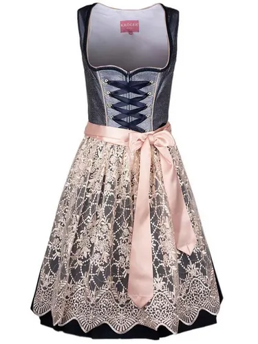 Krüger Madl Dirndl Koko 60er Länge in Marine - Elegantes Krüger-Dirndl Koko in Marineblau mit glänzendem Lurexstoff und floraler Spitzenschürze. Ideal für festliche Anlässe, bietet es eine perfekte Passform und hochwertigen Tragekomfort.