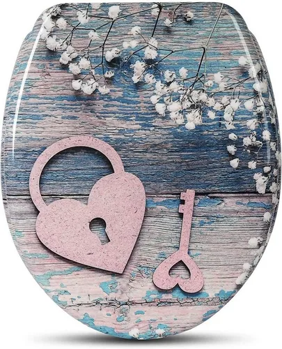 Woltu WC-Sitz mit Absenkautomatik - Heart Key - Toilettendeckel aus Duroplast mit Softclose Scharnier für leises Schließen und modernes Design in Heart Key Farbe.