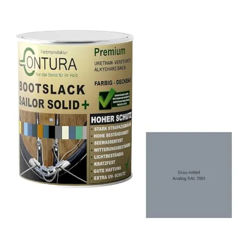 Contura Bootslack Farbig GLÄNZEND Yacht- Buntlack Metall Holz GFK Holzlack Boot Farblos (Grau Mittel - RAL 7001 Analog, 1 LIter)