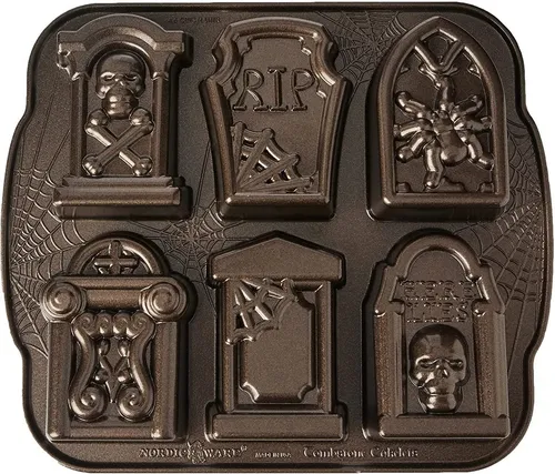 Nordic Ware Tombstone Cakelet Pan - 6 kleine Grabstein-Kuchen - Motivbackform aus Aluminium, mit Anti-Haft Beschichtung für müheloses Ablösen und Reinigung, ideal für kreative Backprojekte und Geschenke.
