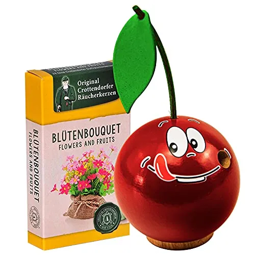 Seiffener Volkskunst | Räucherfigur aus dem Erzgebirge | Freche Früchtchen 7 cm inkl. Crottendorfer Räucherkerzen | Räuchermännchen Deko Figur | Original Erzgebirgische Volkskunst (Kirsche)