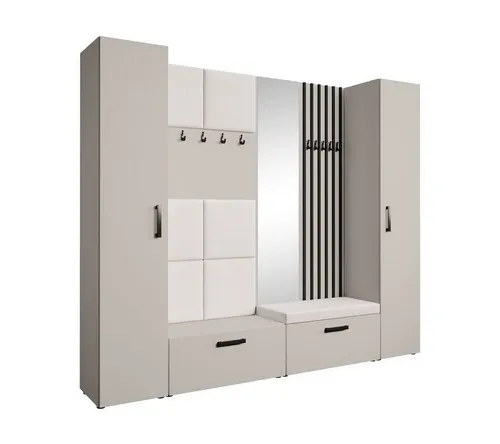 Beautysofa Garderobenschrank mit gepolsterten Paneelen und Spiegel MARGARET XL (zwei praktische Schuhschränke und zwei komfortable Kleiderschränke mit Kleiderstangen) mit dekorative Lamellen und praktischen Kleiderhaken