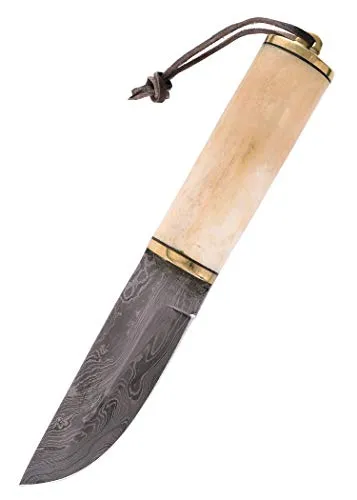 Battle Merchant Universalmesser Damaszener Steckangelmesser mit Knochengriff - Hochwertiges Gebrauchsmesser mit Damaststahlklinge im Twist-Design und Griff aus Knochen. Inklusive stabiler Lederscheide für sicheren Transport. Ideal für den Einsatz in der Natur.