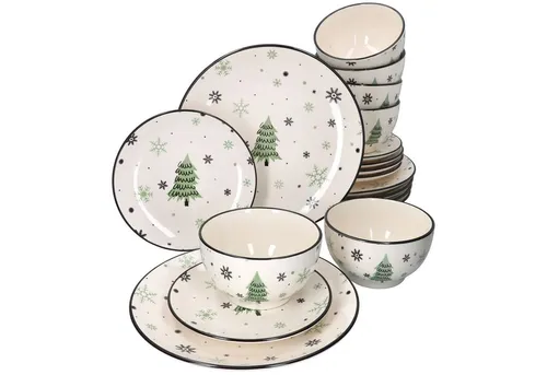 MamboCat Frühstücks-Geschirrset 18tlg Set Weihnachtsbaum für 6 Personen - Festliches 18-teiliges Geschirrset aus Steingut, ideal für Frühstück und Festtagsessen. Mit hübschen Weihnachtsbaum-Motiven und spülmaschinengeeignet für einfachen Genuss.