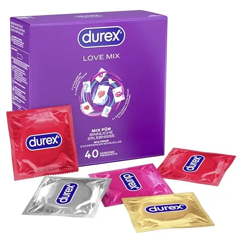 Durex Love Mix Kondome - 40 Stück, vielseitige Mischung mit 5 aufregenden Sorten für sinnliche Abenteuer und mehr Spaß am Sex