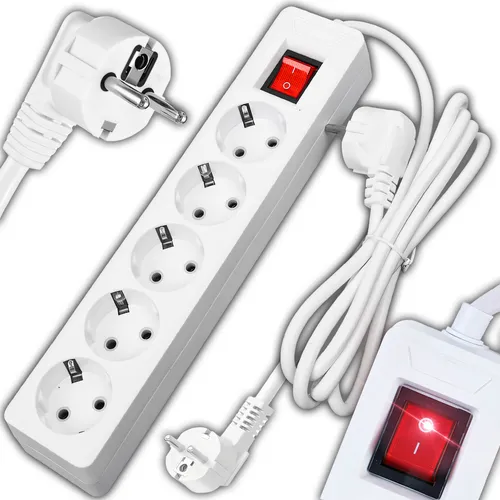 Steckdosenleiste 5-fach mit Schalter | 5m Kabel | Mehrfachsteckdose Doppelstecker | Weiß | 5 Steckdose | 1,5 mm | Maximale Leistung 5000 W | Retoo