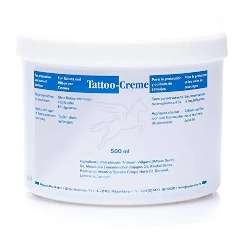 Pegasus Pro Tattoo Creme | 500 ml, Dose | tägliche Pflege für tätowierte Haut | panthenol, ohne Konservierungsstoffe, ohne Emulgatoren, für sensible Haut, feuchtigkeitsspendend