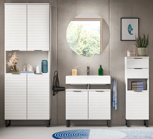 Inn.Furn Badmöbel-Set 4-teilig weiß 205 cm mit Soft-Close - Badmöbel-Set mit eleganter Wellenstruktur, inklusive Soft-Close-Funktion für leise und sanfte Schließvorgänge. Pflegeleicht und nachhaltig, ideal für moderne Badezimmer.