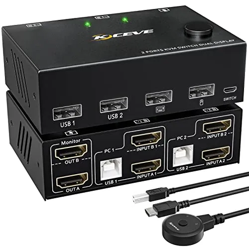 ESKEVE 4K@60Hz Dual Monitore KVM Switch - KVM-Switch für 2 PCs und 2 Monitore, unterstützt 4K@60Hz für beeindruckende Bildqualität und einfache Steuerung mit nur einer Tastatur und Maus.