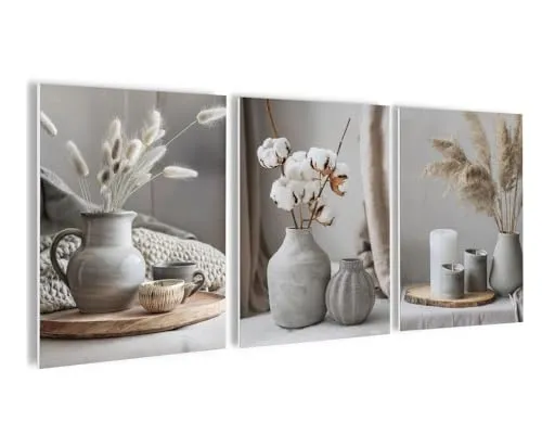 artissimo, Bilderset 3er-Set, PE6757-DS, 3 Bilder 30x40cm, moderne Bilderwand, Wandbilder-Set 3-teilig, weiß beige, Gräser, Dekobilder: moderne Stillleben boho