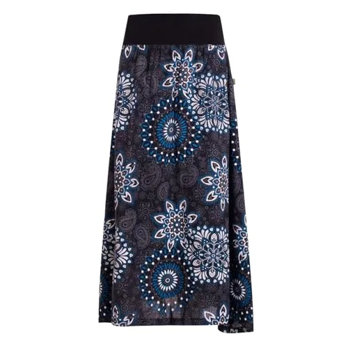Vishes Langer Damen Herbstrock mit Mandalas in schwarz – Handgefertigt aus 100% Baumwolle - Maxi-Damenrock im Hippie-Stil, ideal für warme und kalte Monate. Der bequeme, breite Jersey-Bund sorgt für perfekten Sitz. Handgefertigt in Nepal, vereint er Tradition und Komfort.
