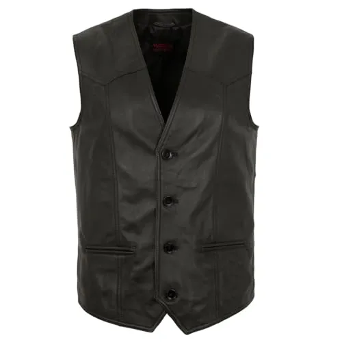 MADDOX Herren Lederweste Schwarz mit Knöpfen - Herren-Westen aus hochwertigem Lammnappa Leder, klassischer Style mit V-Ausschnitt und praktischen Taschen für einen eleganten Look.