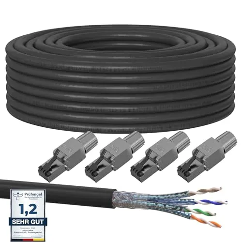 30m Cat7 Erdkabel Verlegekabel + 4x RJ45 Stecker Werkzeuglos CAT 8 Outdoor Lan Kabel Installationskabel CAT 7 Ethernet Netzwerk 1000MHz Datenkabel AWG23/1 Netzwerkkabel für Außenbereich UV-beständig