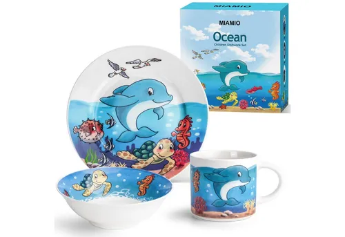 MIAMIO - 3er-Set Kindergeschirr aus Porzellan (Ozean) - Kindergeschirr-Set mit Teller, Schüssel und Tasse, ideal für kleine Hände. Hergestellt aus hochwertigem Porzellan, bietet es Sicherheit und Langlebigkeit für unbeschwerte Mahlzeiten.