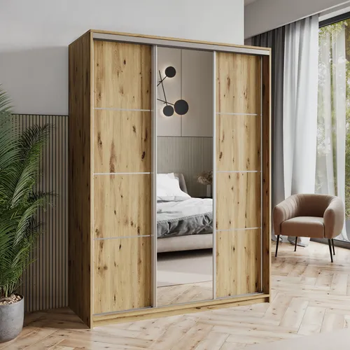 Masseno Schiebetürenschrank VARO 150 cm - Moderne Schiebetürenschrank mit 4 Schubladen und großem Spiegel – optimaler Stauraum für Ihr Schlafzimmer in elegantem Eiche Artisan Design.