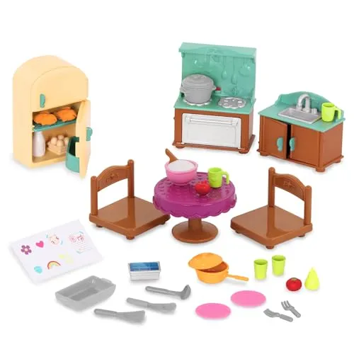 Li’l Woodzeez Landhausküche, Puppenhaus-Küchenmöbel mit Zubehör | 30-teiliges Set mit Kühlschrank, Herd, Spüle, Tisch, 2 Stühlen, Kochgeschirr, Spiellebensmitteln und Stickerbogen, 3+ Jahre