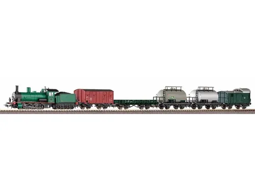 PIKO 97942 Start-Set mit Bettung Güterzug Dampflok G7 SNCB, 5 Wagen, H0