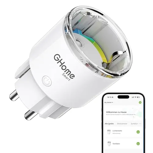 GHome Smart WLAN Steckdose - Smart & Ferngesteuerte Stecker: Kleinste, TÜV-zertifizierte Steckdose mit Sprachsteuerung über Alexa und Google Home, die den Energieverbrauch misst und Zeitpläne für automatische Steuerung ermöglicht.