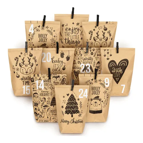 Adventskalender mit Kindermotiven aus Packpapier/Holz, 24 bedruckten Tüten mit