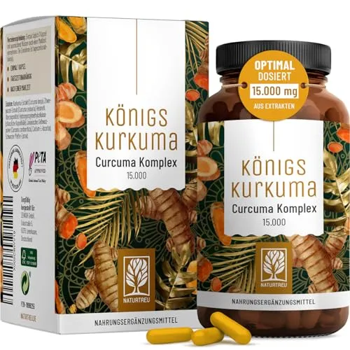Hochdosierte Kurkuma Kapseln mit 15.000mg Curcuma - Pflanzliches Ergänzungsmittel Kurkumin – Enthält 95% Curcumin, kombiniert mit Piperin und Vitamin C für optimale Bioverfügbarkeit. Vegan und laborgeprüft für höchste Qualität.